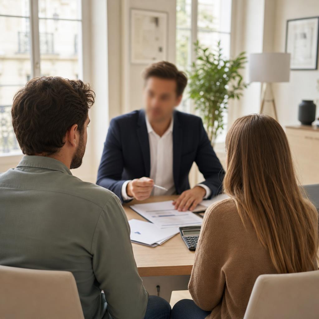Couple face à un conseiller bancaire pour un dossier de prêt immobilier
