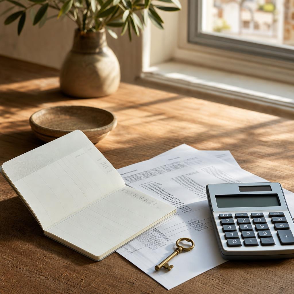 Relevés bancaires, calculatrice et clé de maison posés sur un bureau en bois