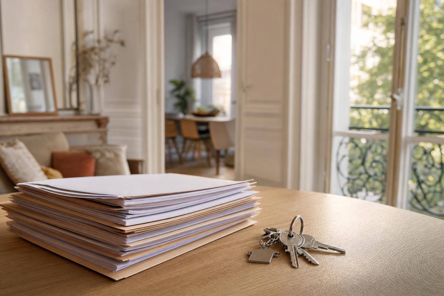 Trousseau de clés posé sur un dossier de prêt immobilier, sur une table en bois près d'une fenêtre