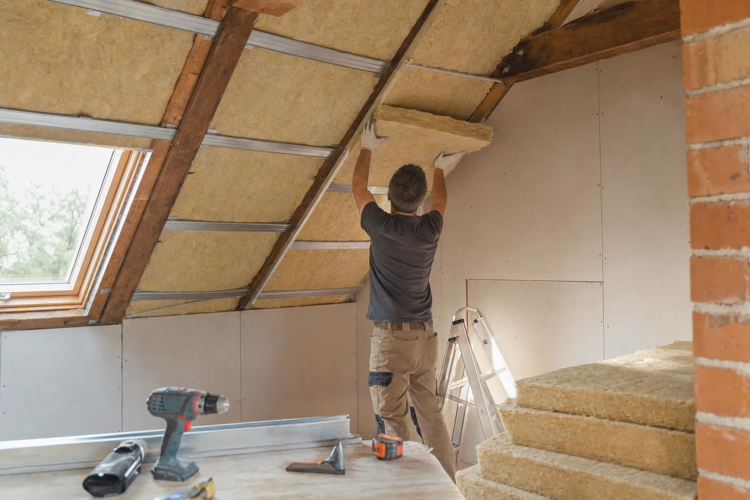 Artisan installant un isolant sous toiture dans une maison en rénovation énergétique