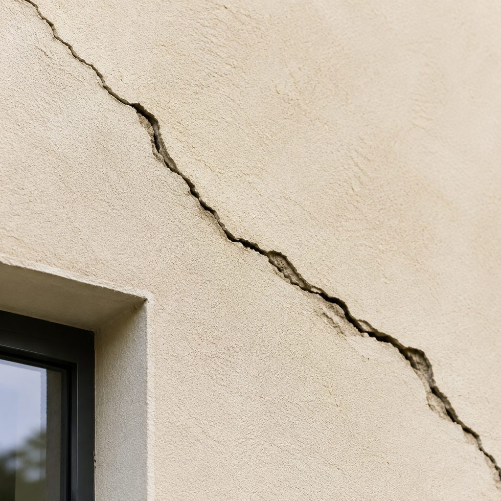 Fissure structurelle traversant un mur de façade en enduit clair