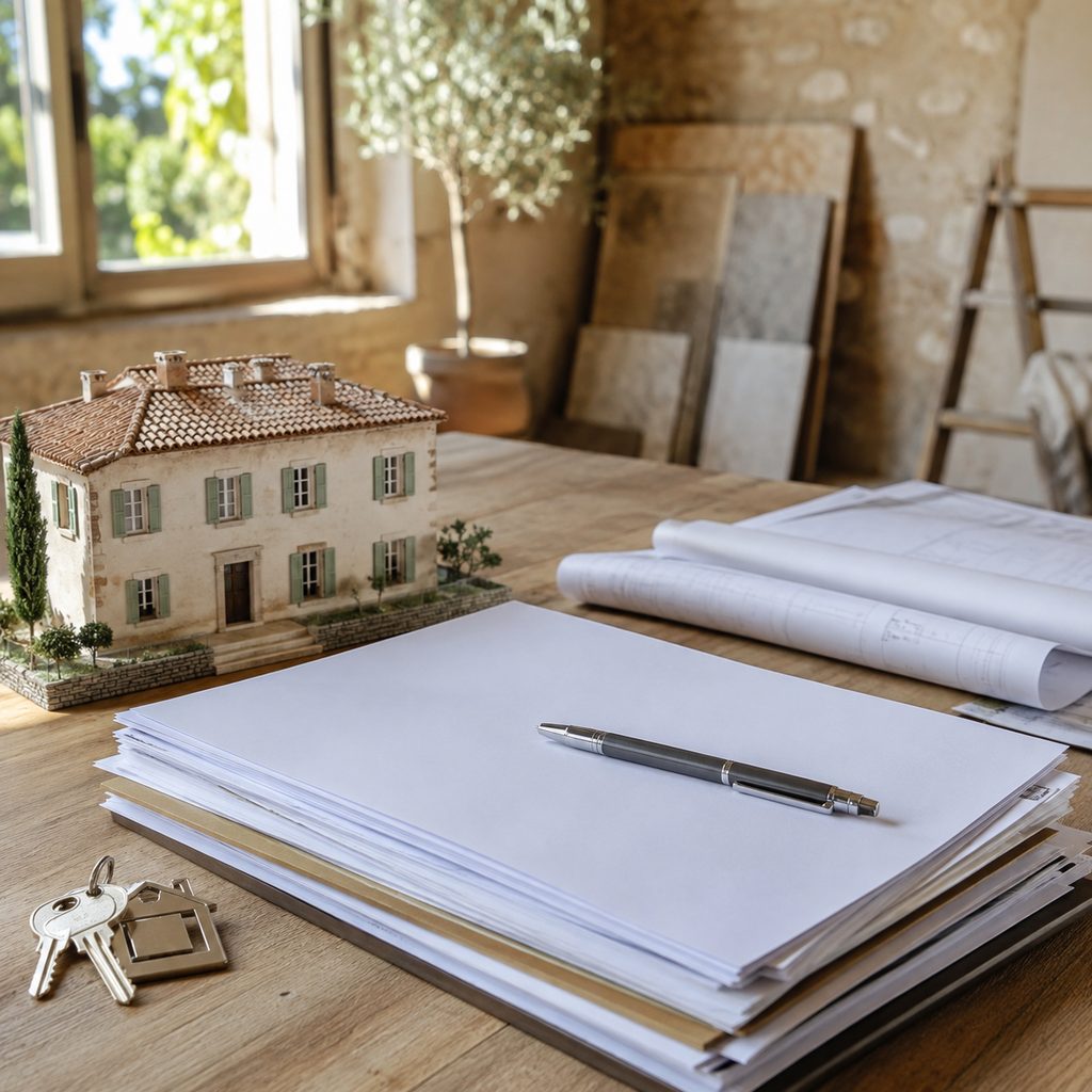 Dossier de contrat de construction et maquette de maison posés sur un bureau