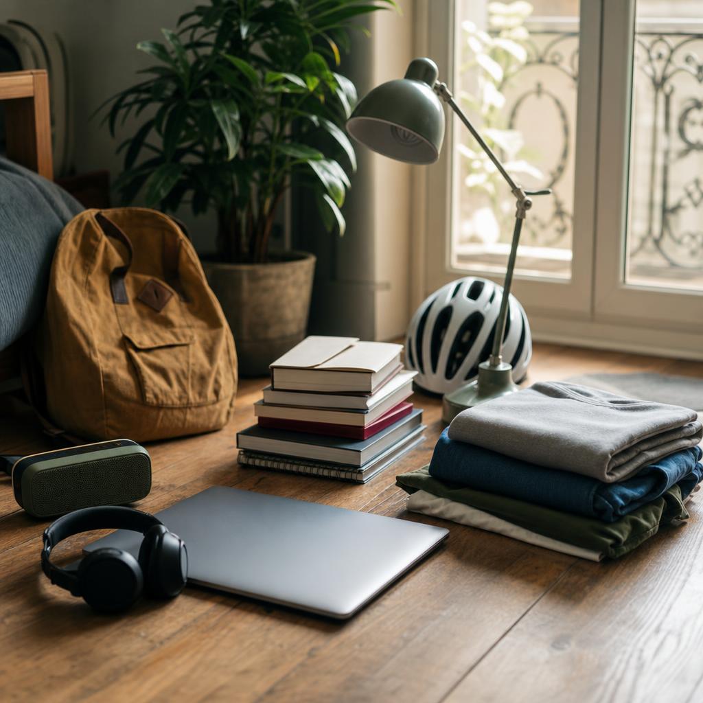 Affaires d'un étudiant posées au sol : ordinateur, livres, lampe et casque de vélo
