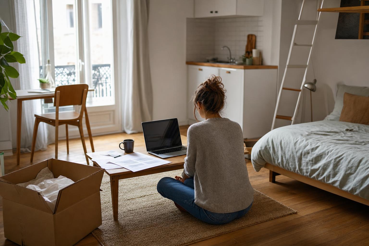 Étudiante installée dans son studio, en train de comparer des devis d'assurance sur son ordinateur portable