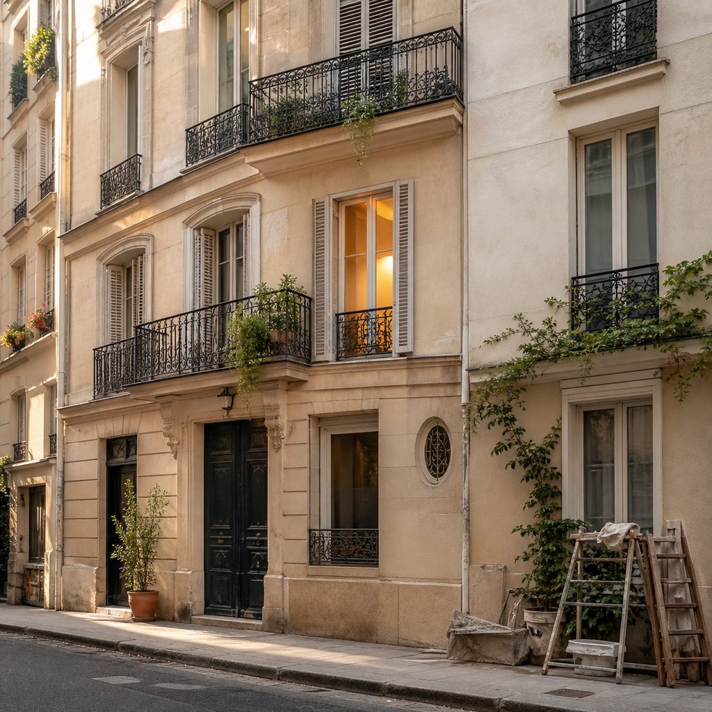 Façade d'un immeuble de rapport français en fin de journée