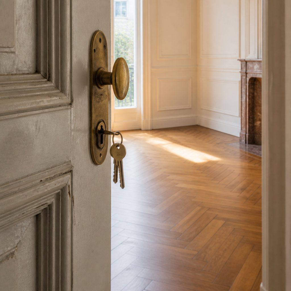Porte d'un appartement locatif entrouverte avec un trousseau de clés sur la serrure