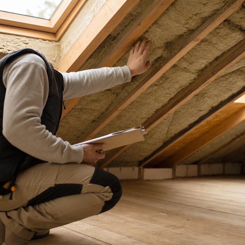 Professionnel inspectant l'isolation des combles d'une maison lors d'un audit énergétique