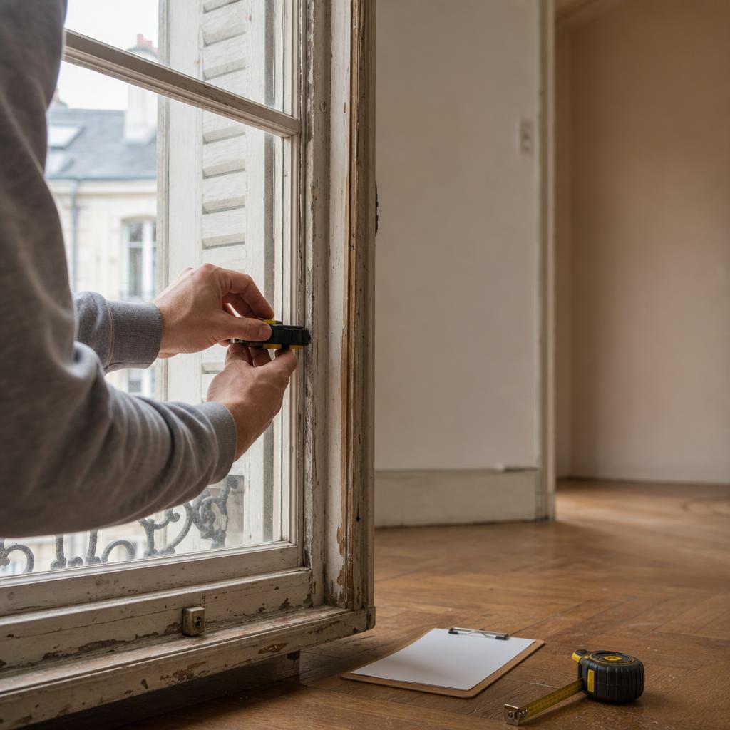 Diagnostiqueur relevant les caractéristiques d'une fenêtre ancienne lors d'une visite