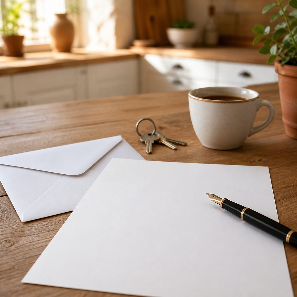 Lettre de rétractation en préparation sur une table de cuisine, prête à partir en recommandé