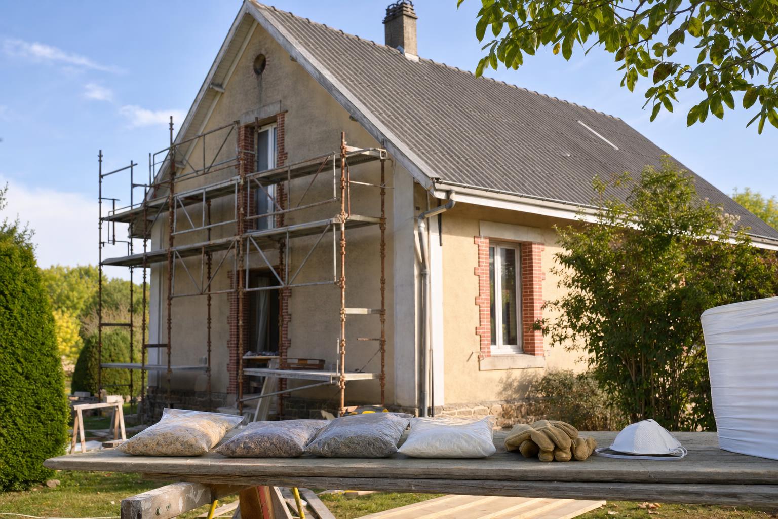 Maison ancienne en cours de rénovation avec toiture en fibrociment et matériel de prélèvement au premier plan