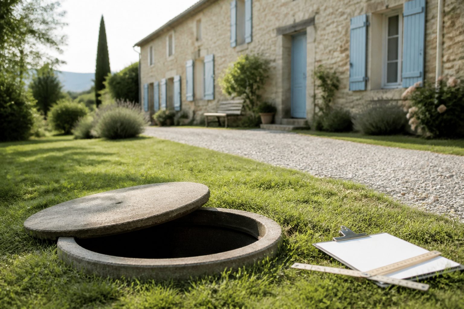 Regard de fosse toutes eaux ouvert dans la pelouse d'une maison de campagne, avant le contrôle du SPANC