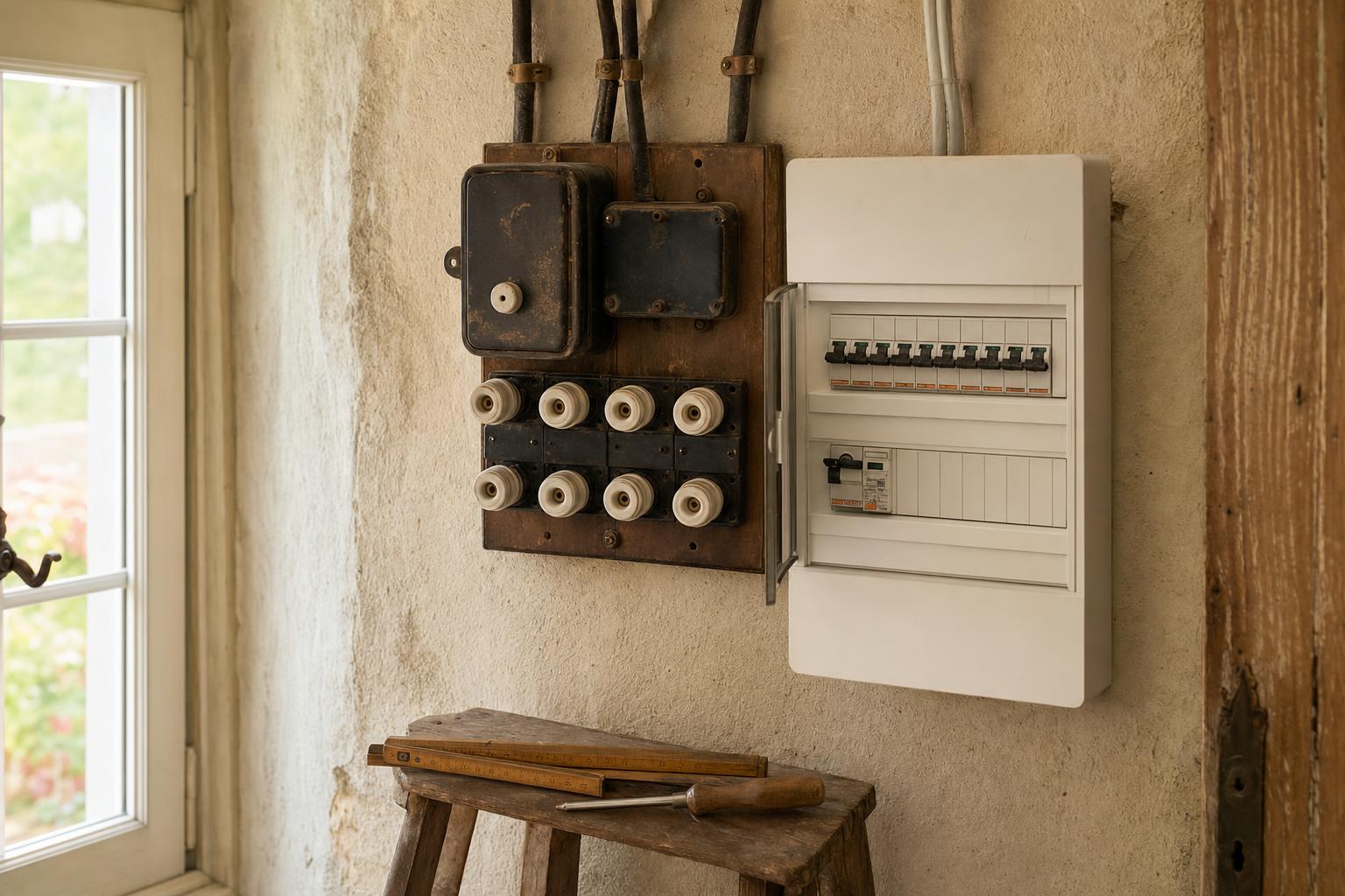 Ancien tableau électrique à fusibles en porcelaine dans une maison ancienne en cours de vente