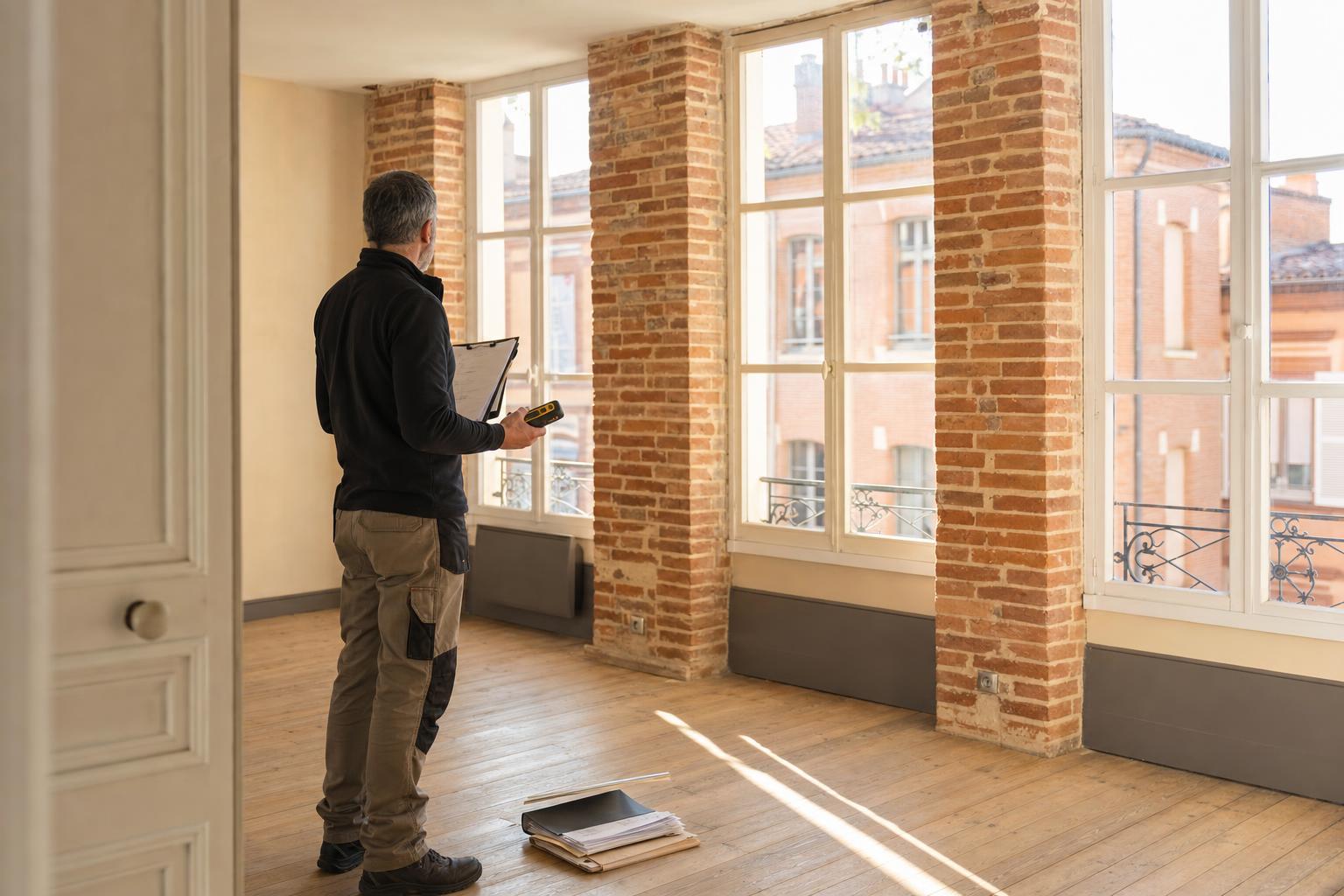 Diagnostiqueur relevant des mesures dans un appartement en brique rouge toulousain avant une vente