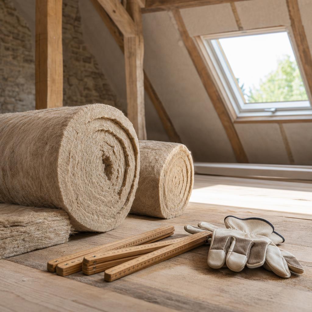 Rouleaux d'isolant et outils posés dans des combles en cours de rénovation