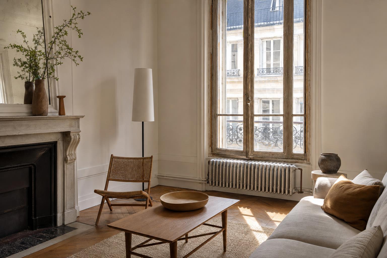 Ancien radiateur en fonte sous une fenêtre simple vitrage dans un appartement locatif français