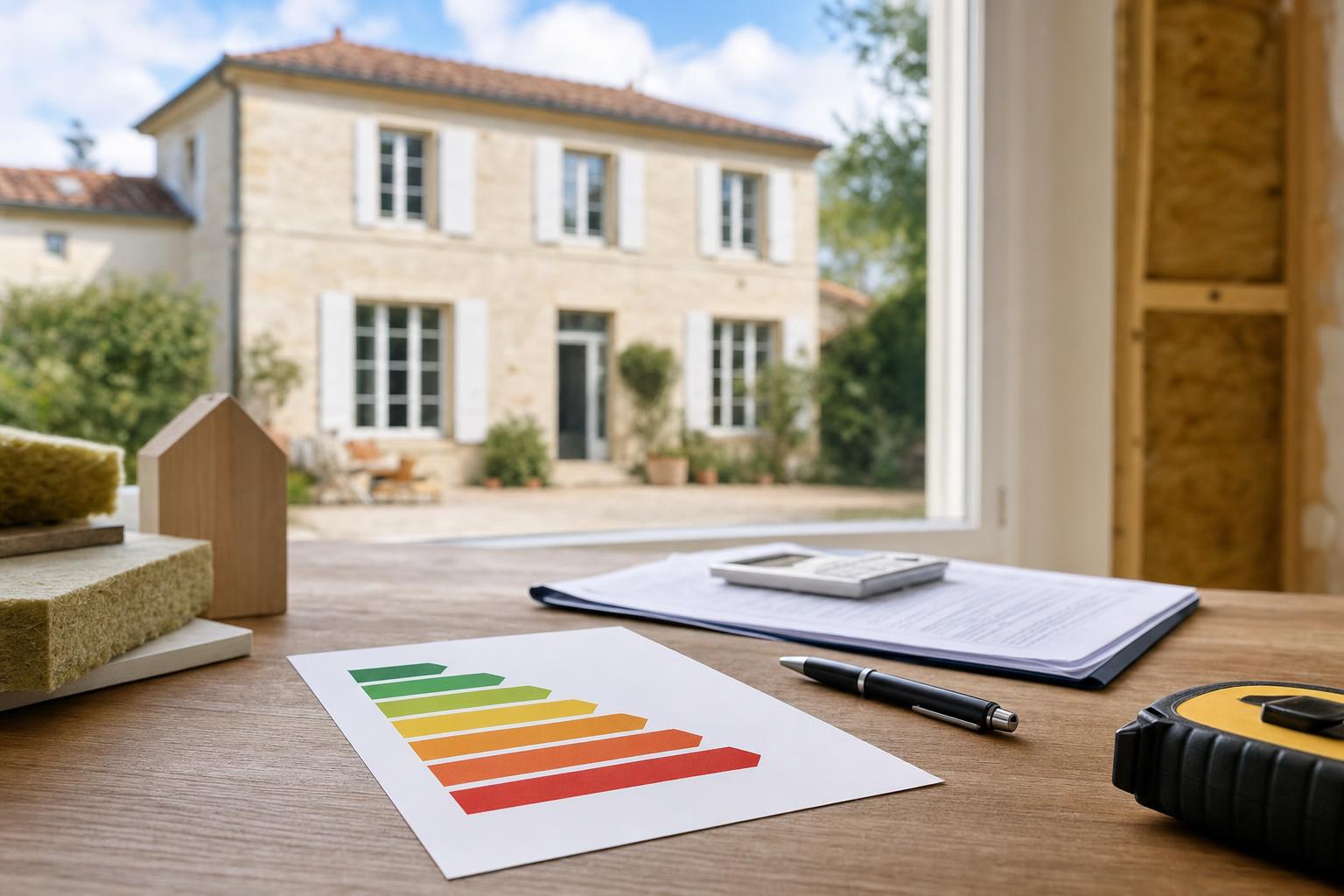Étiquette énergie d'un DPE posée sur la table devant une maison mise en vente