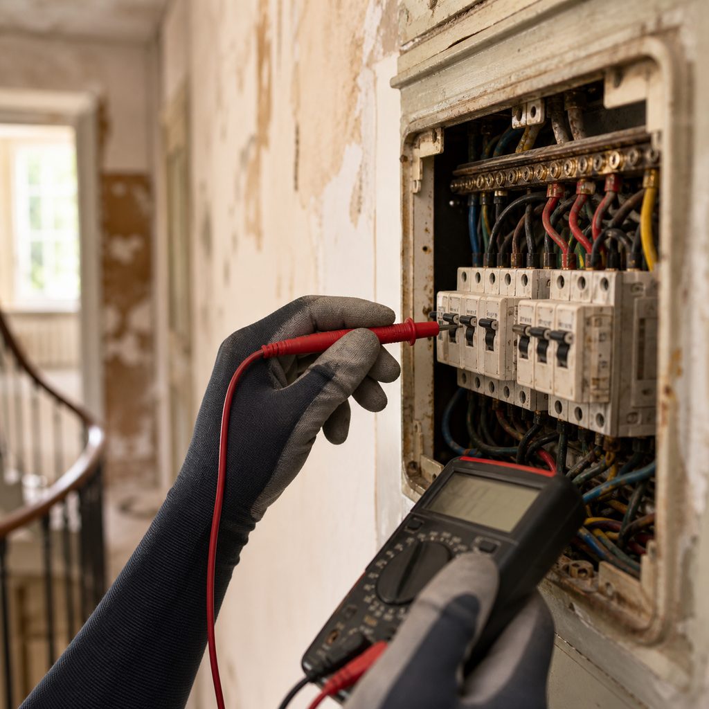 Diagnostiqueur contrôlant un tableau électrique dans une maison ancienne