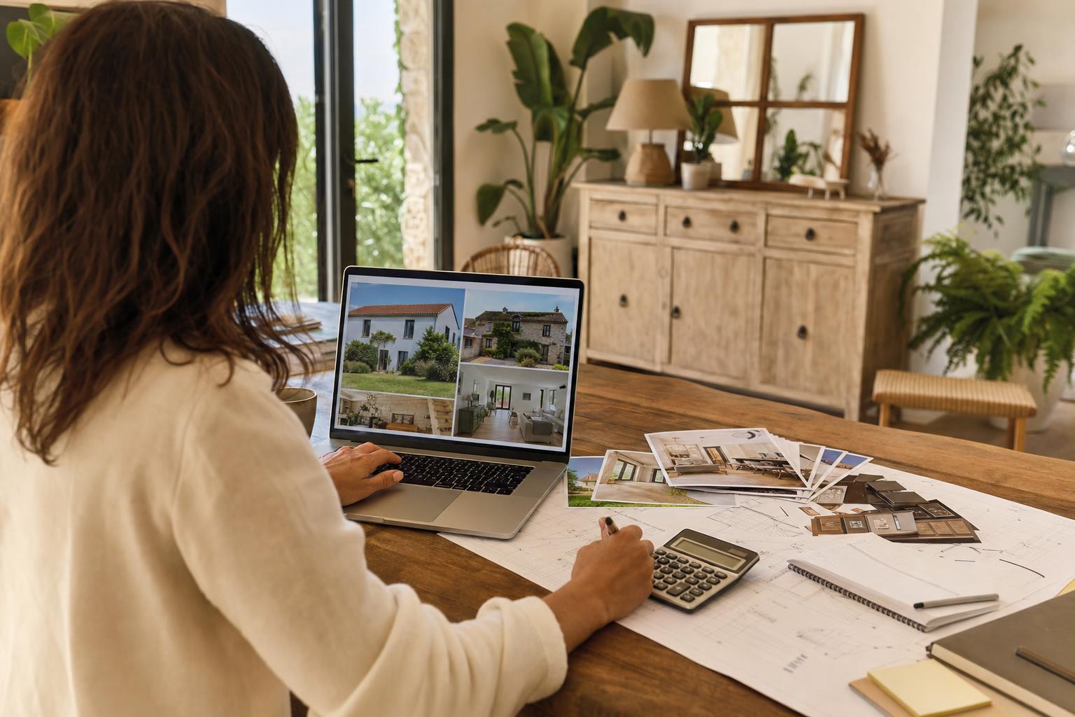 Propriétaire estimant la valeur de sa maison avec un ordinateur portable, des annonces immobilières et une calculatrice