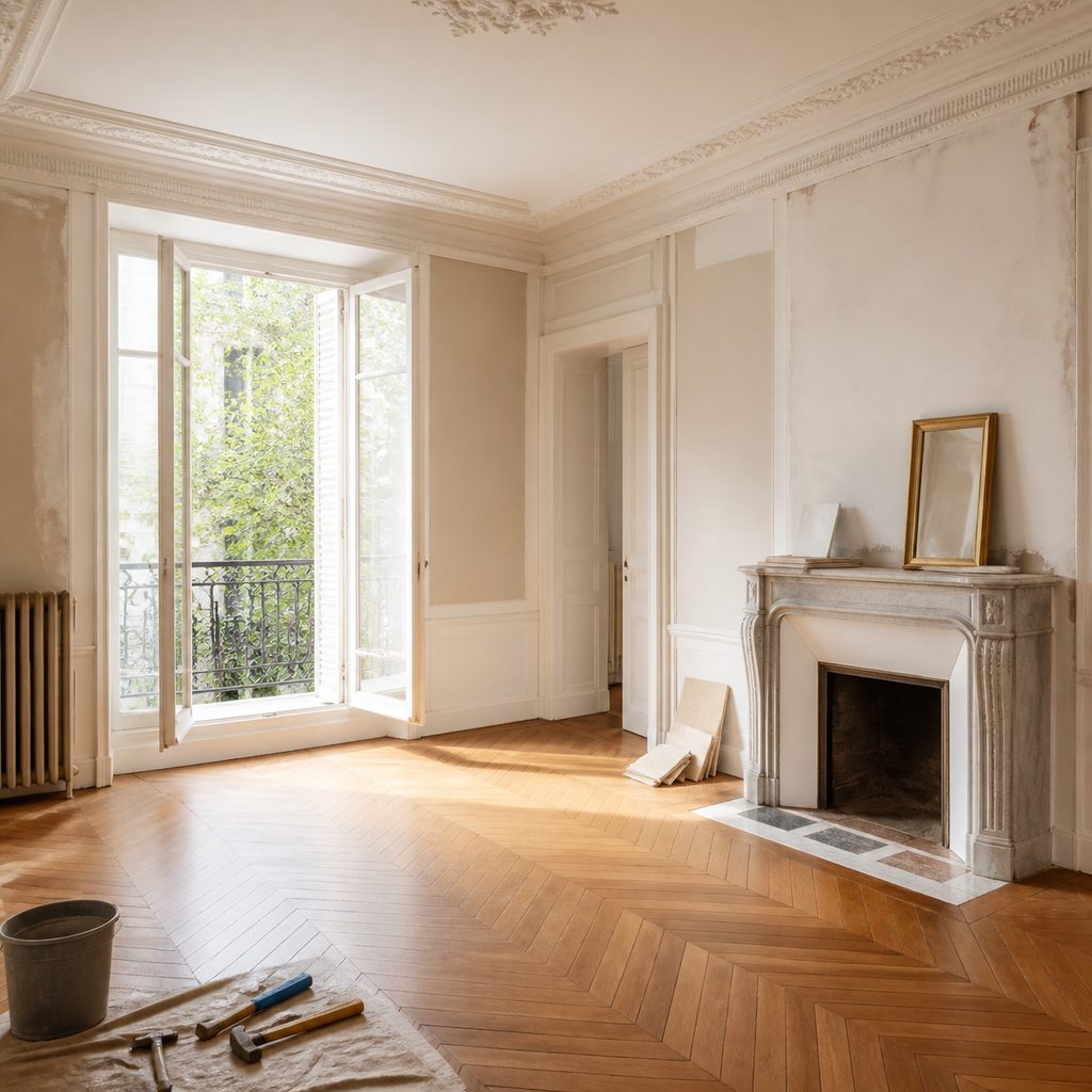 Salon vide d'un appartement ancien avec parquet et moulures, visité avant un achat