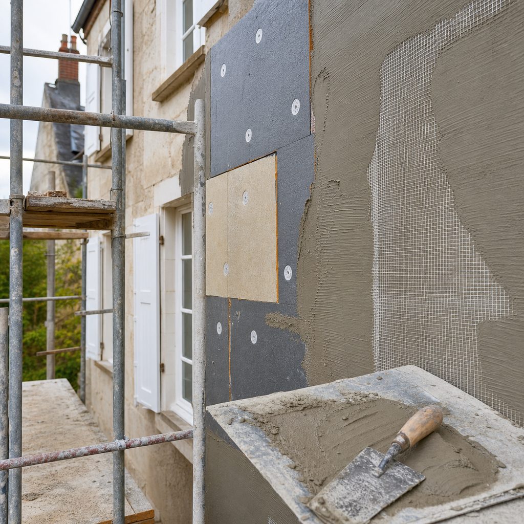 Panneaux isolants en cours d'enduit sur une façade avec échafaudage