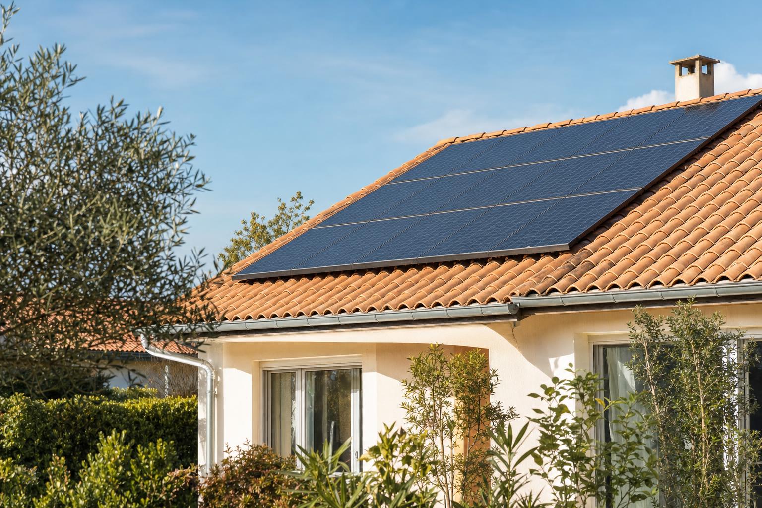 Panneaux solaires installés sur le toit d'une maison individuelle, sous un ciel ensoleillé