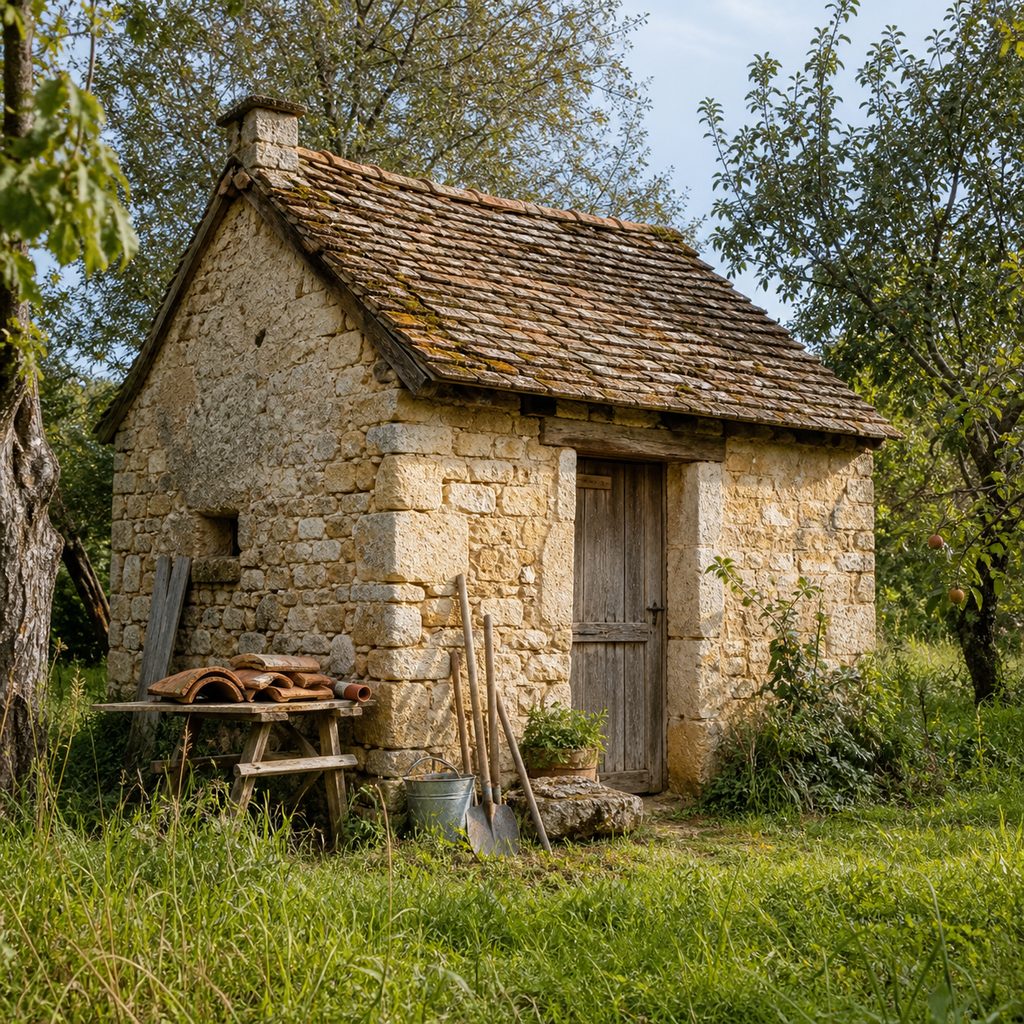 Petite dépendance en pierre isolée au fond d'un jardin de campagne