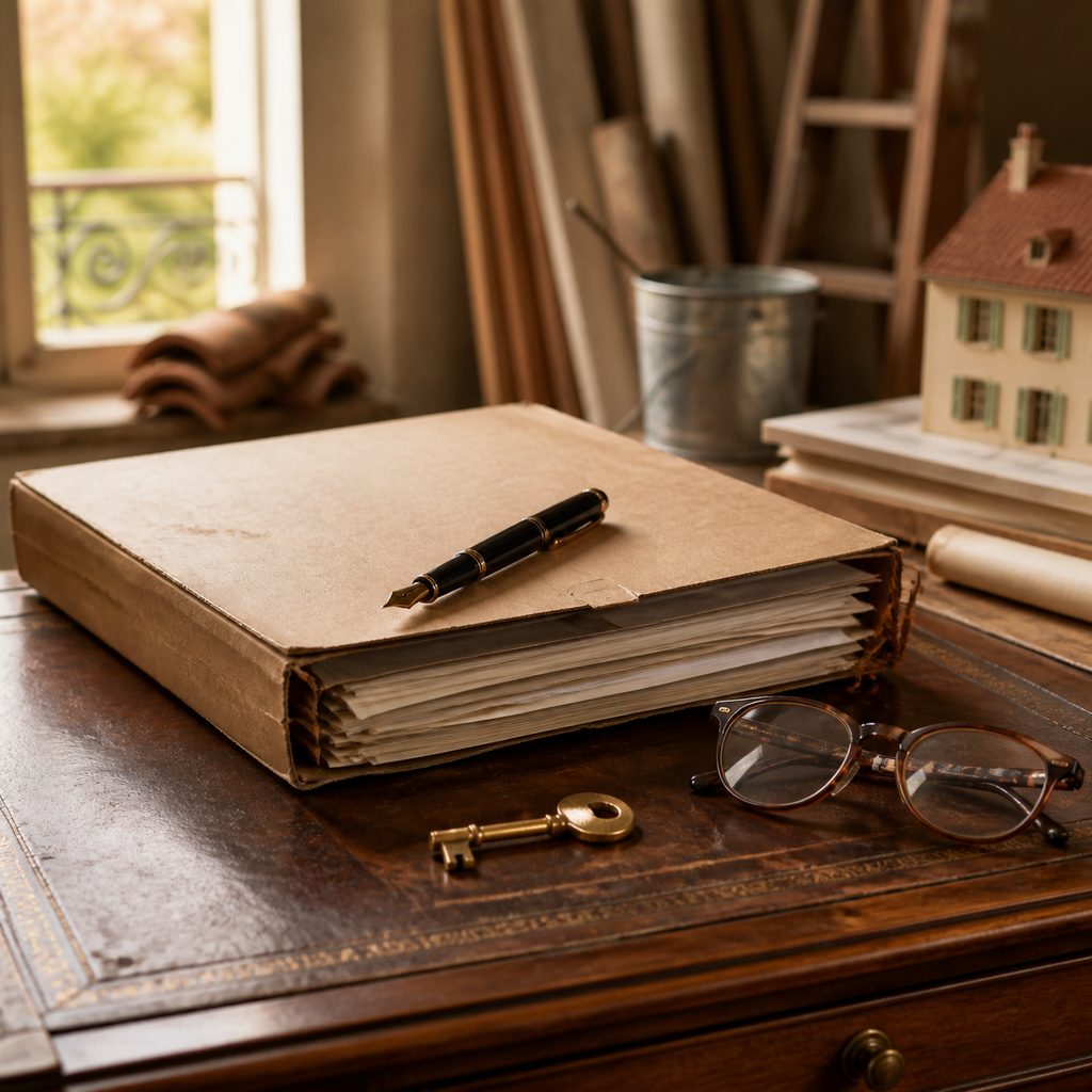 Dossier de diagnostics immobiliers et trousseau de clés posés sur un bureau en bois avant la signature