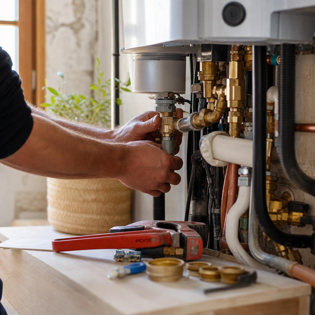 Technicien raccordant le module hydraulique intérieur d'une pompe à chaleur
