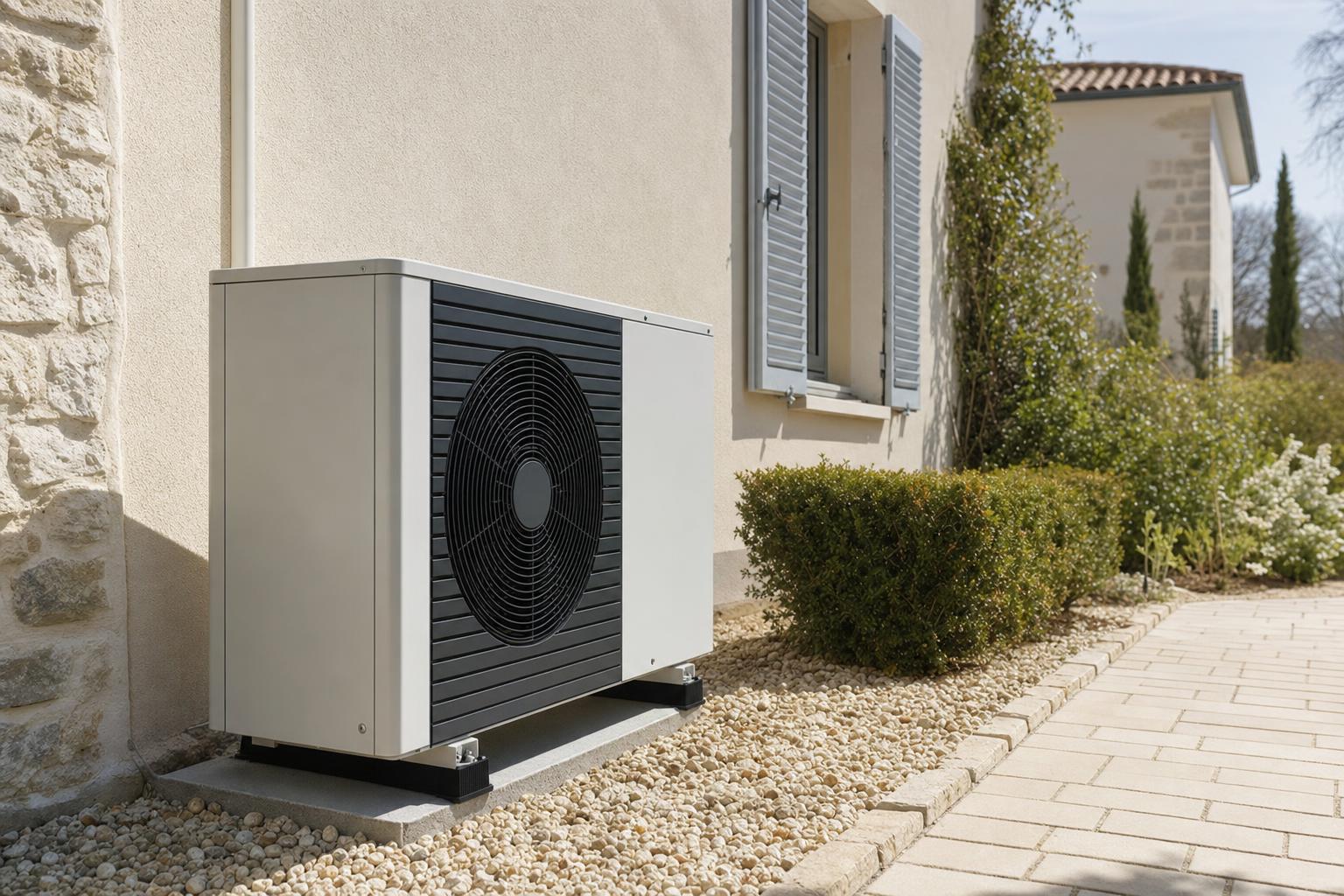 Unité extérieure d'une pompe à chaleur air-eau installée contre la façade d'une maison