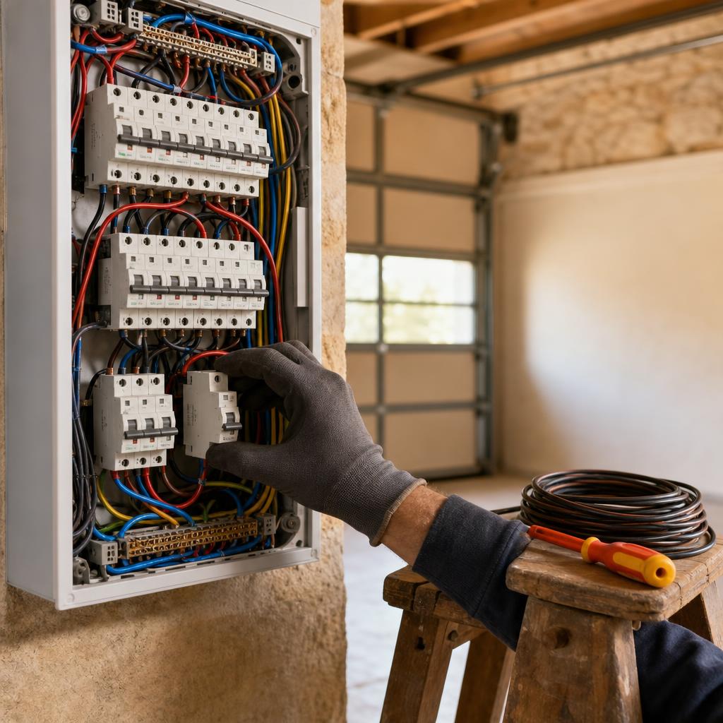 Tableau électrique ouvert avec un disjoncteur dédié en cours d'installation