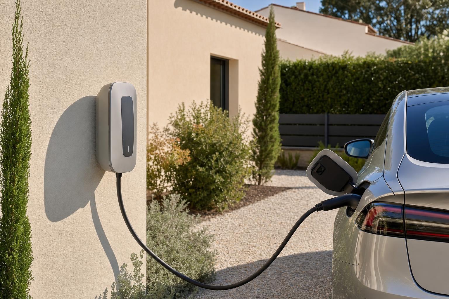 Wallbox murale reliée à une voiture électrique devant une maison individuelle