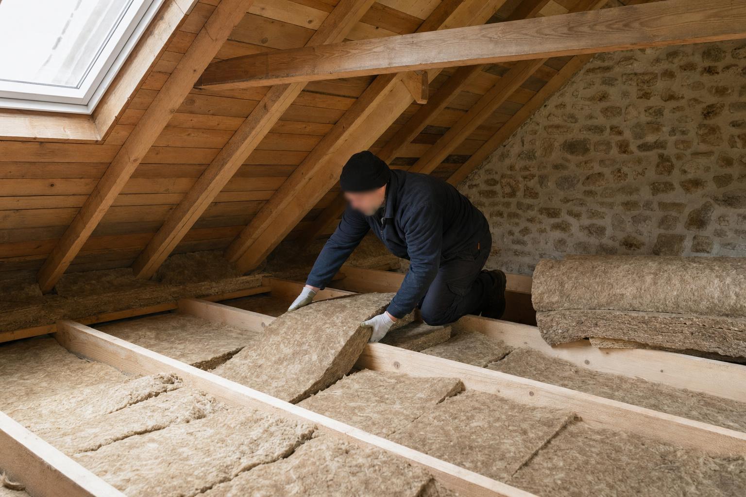 Artisan posant de l'isolant en laine minérale dans des combles perdus