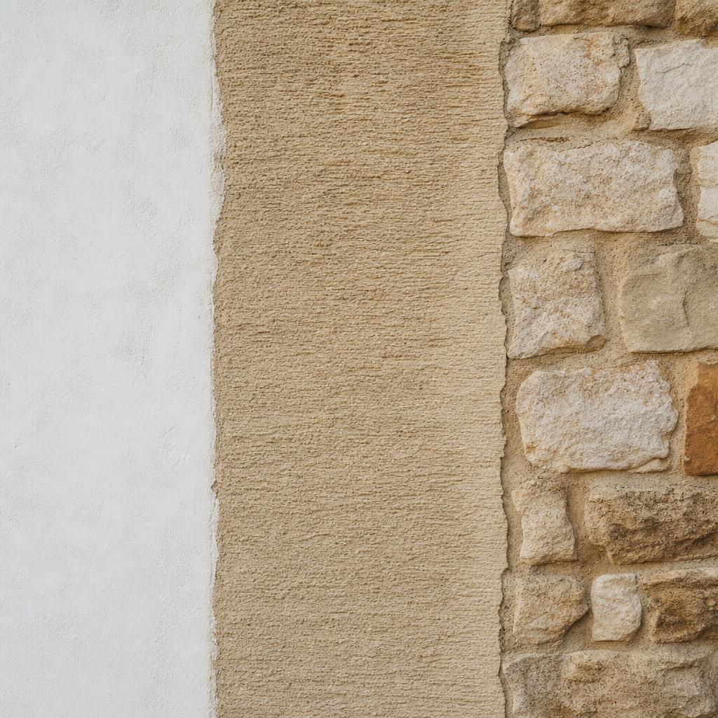 Trois finitions de façade côte à côte : peinture, enduit gratté et pierre nettoyée