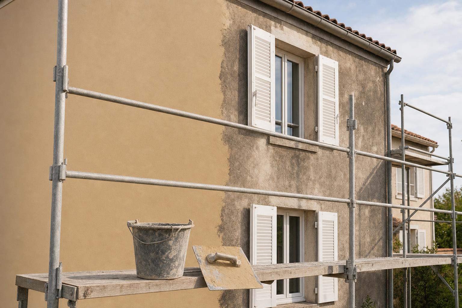 Façade de maison française en cours de ravalement avec échafaudage et enduit frais