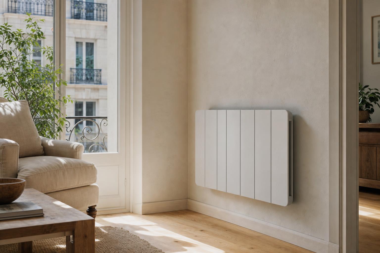 Radiateur électrique moderne installé dans un salon lumineux