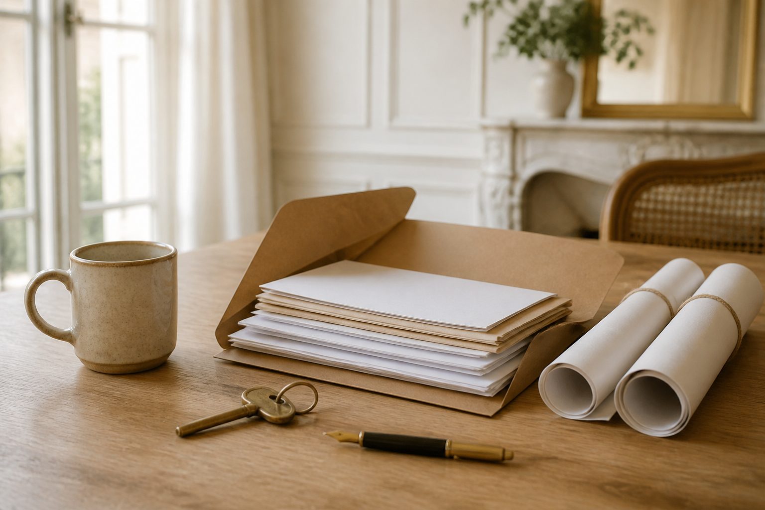Dossier de vente d’une maison ouvert sur une table en bois, avec des plans roulés et une clé