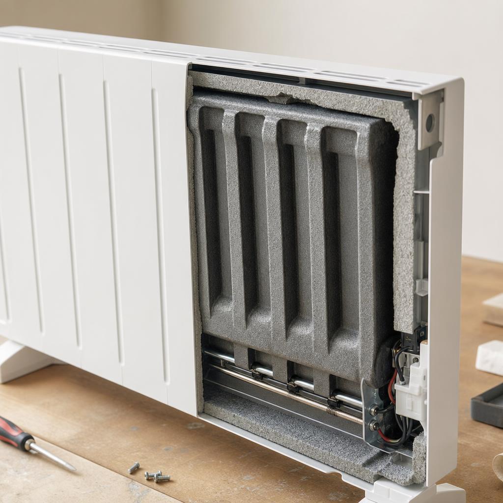Vue rapprochée du cœur de chauffe en fonte d'un radiateur à inertie sèche