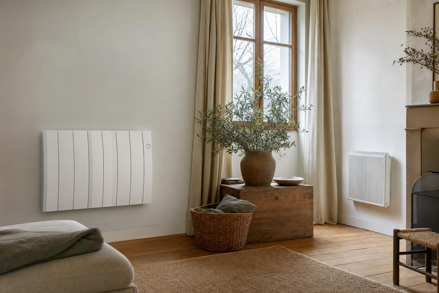 Radiateur électrique à inertie fixé au mur d'un séjour lumineux, à côté d'un ancien convecteur