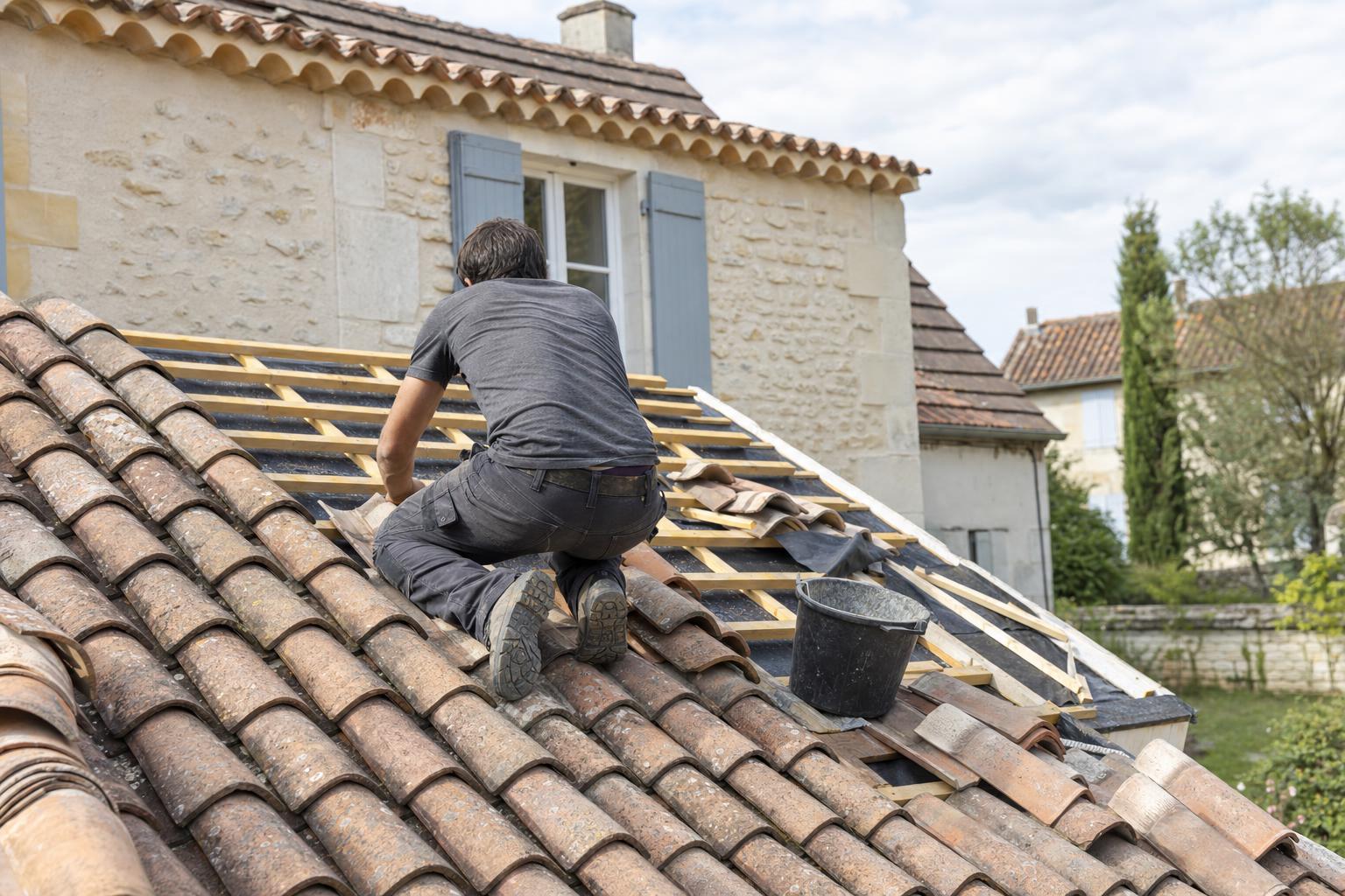 Couvreur remplaçant des tuiles sur le toit d'une maison en cours de rénovation