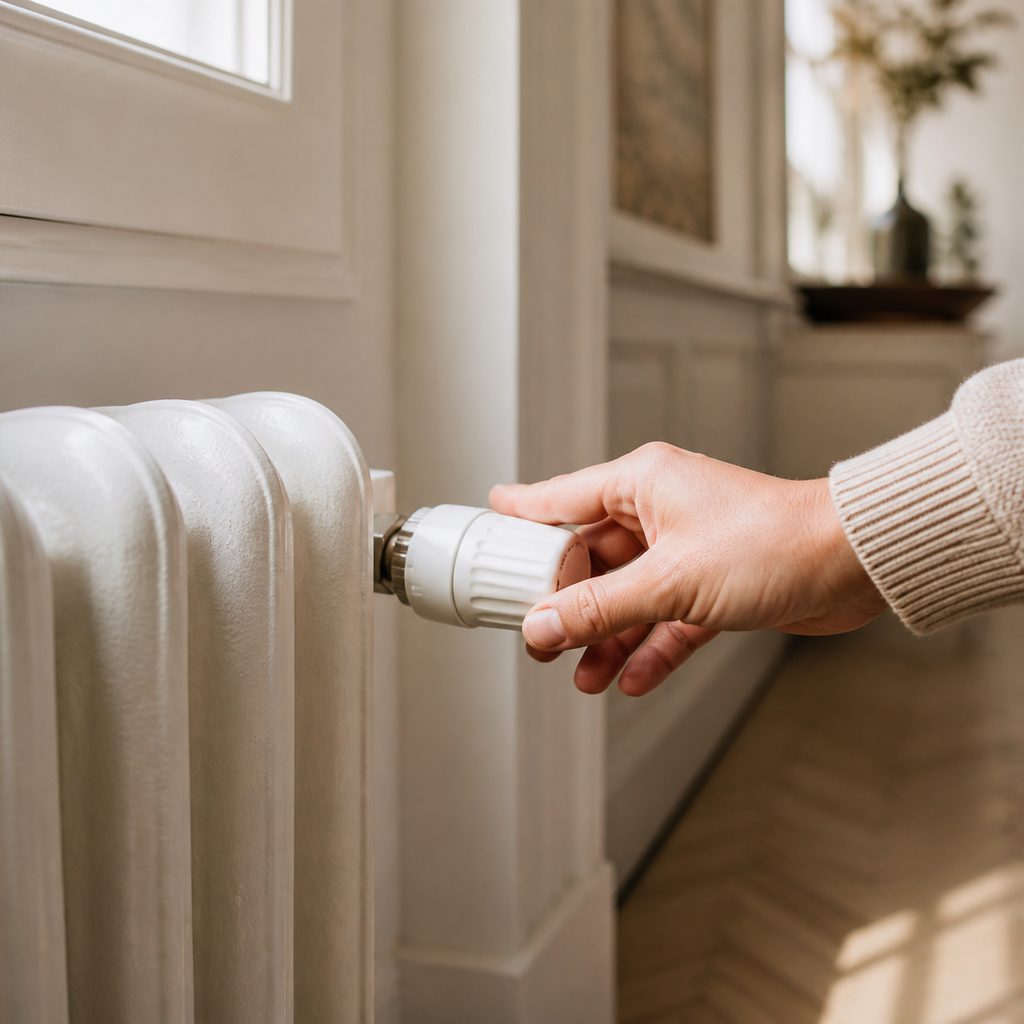 Main réglant la vanne thermostatique d'un radiateur dans une maison